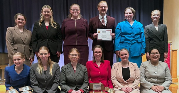 The Hastings College forensics team finished second in the NIFA State Tournament. Members include (front, from left) Bri Narick, Natalie Miles, Morgan Ashcraft, Hailey Gifford, Avery User and Margie Osorio Barrios, and (back, from left) Meg Dedic, Abby Klatt, Korey Bond, Lilac Ramsey, Brooke Brockman and Julia Bernard. Not pictured: Matthew Houlihan.